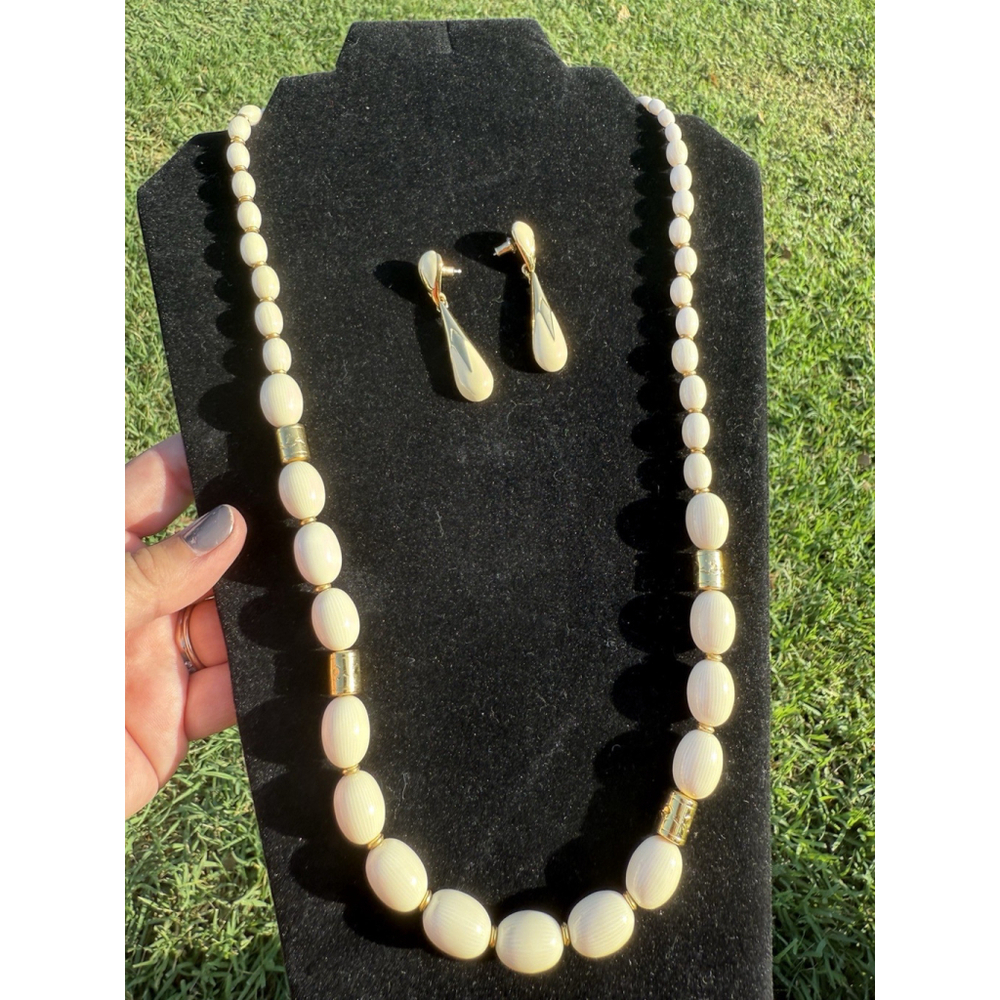 Vintage Monet White Gold Ball Bead Necklace w/ Matching Earrings 27"